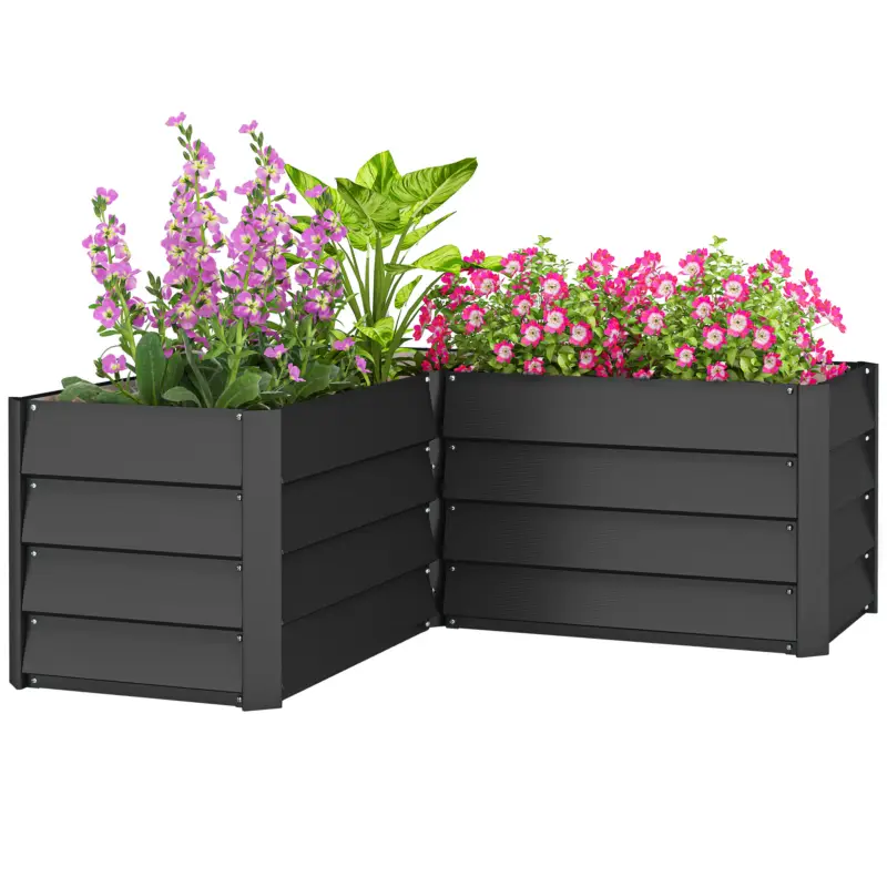 Reducere extra Outsunny pat legumicol pătrat de grădină, jardiniere colț în formă de L, fără fund, 115x115x44 cm, gri închis