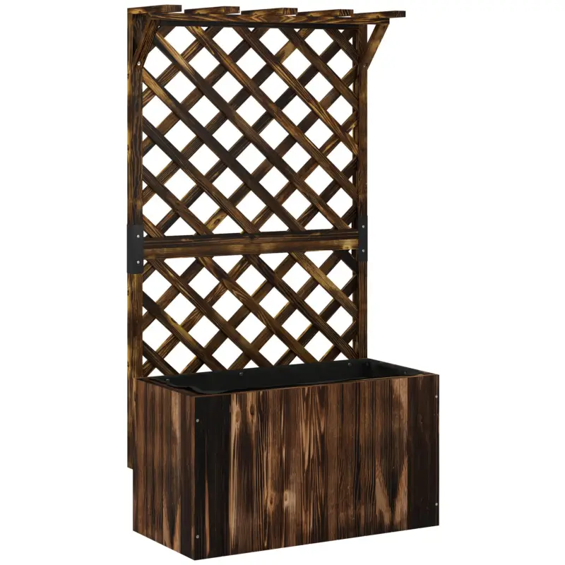 Plată sigură Outsunny Pat înălțat jardiniere cu spalier, ghiveci din lemn 64 x 33 x 122cm carbonizat