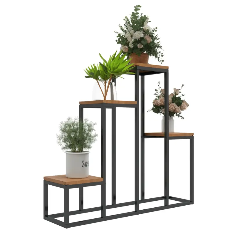 Retur ușor Outsunny Raft de plante, etajeră de flori din metal și lemn cu 4 nivele de înălțimi diferite în stil industrial 80 x 20 x 74 cm