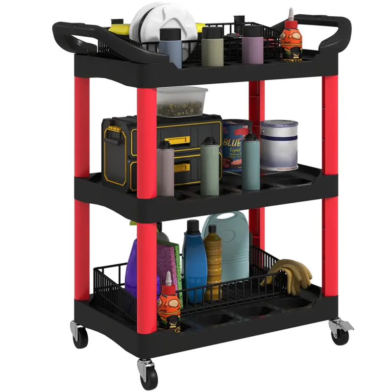 HOMCOM Cărucior pentru Unelte pe 3 Nivele din Plastic cu Mânere și Roți, Capacitate 91 kg, 83x43x97 cm, Roșu Preț mic