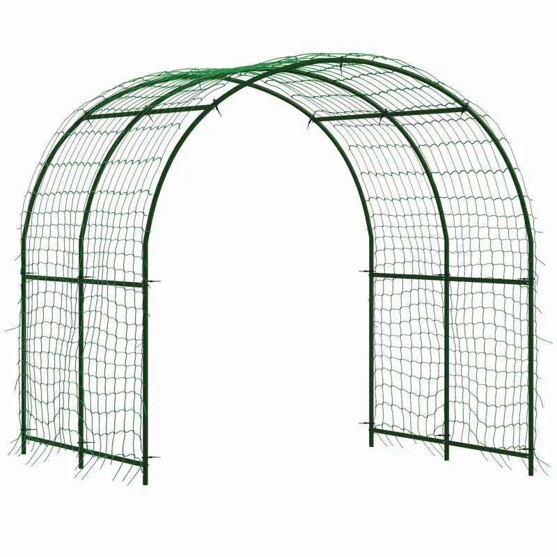 Doar azi Outsunny Grilaj metalic de înfigere, anti-rugină, suport curbat pentru castraveți 210 x 250 x 216 cm Verde închis
