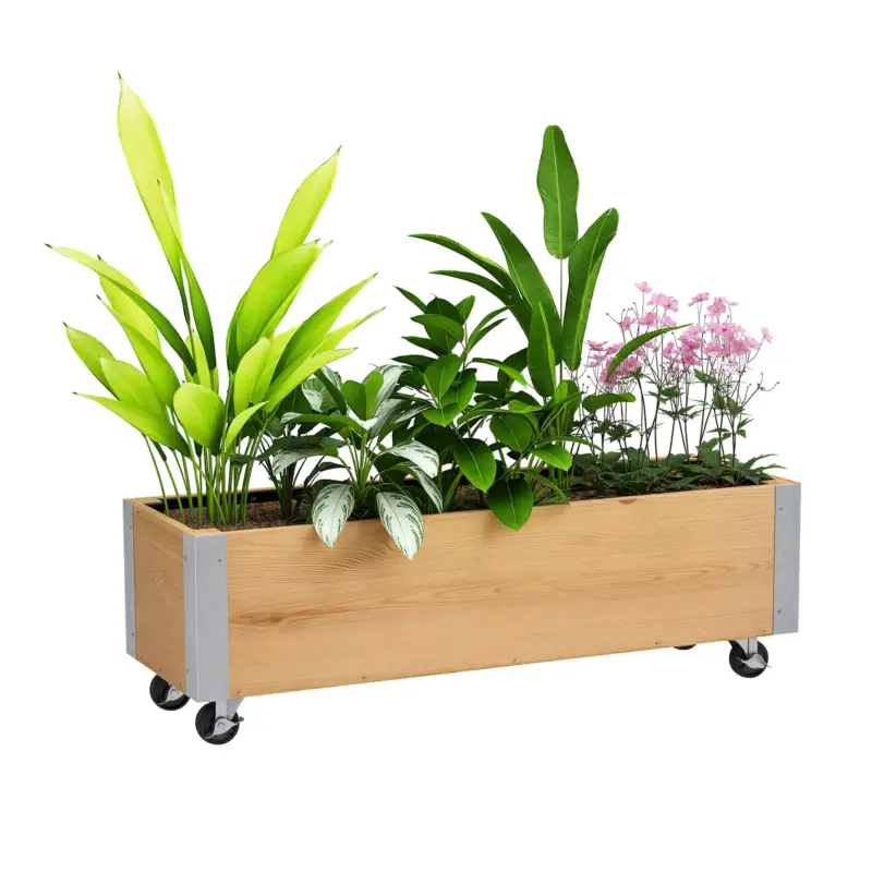 Nu rata Outsunny Jardinieră pe role, jardinieră rectangulară făcut de drenaj metal lemn masiv 96 x 30,6 x 30 cm lemn natural