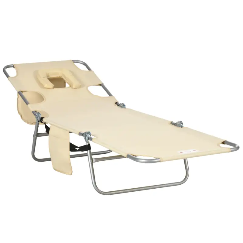 Outsunny Șezlong de grădină, scaun reclinabil cu deschidere căptușită pentru față, șezlong de masaj pentru exterior, buzunar lateral, material textil, metal, Bej Premium